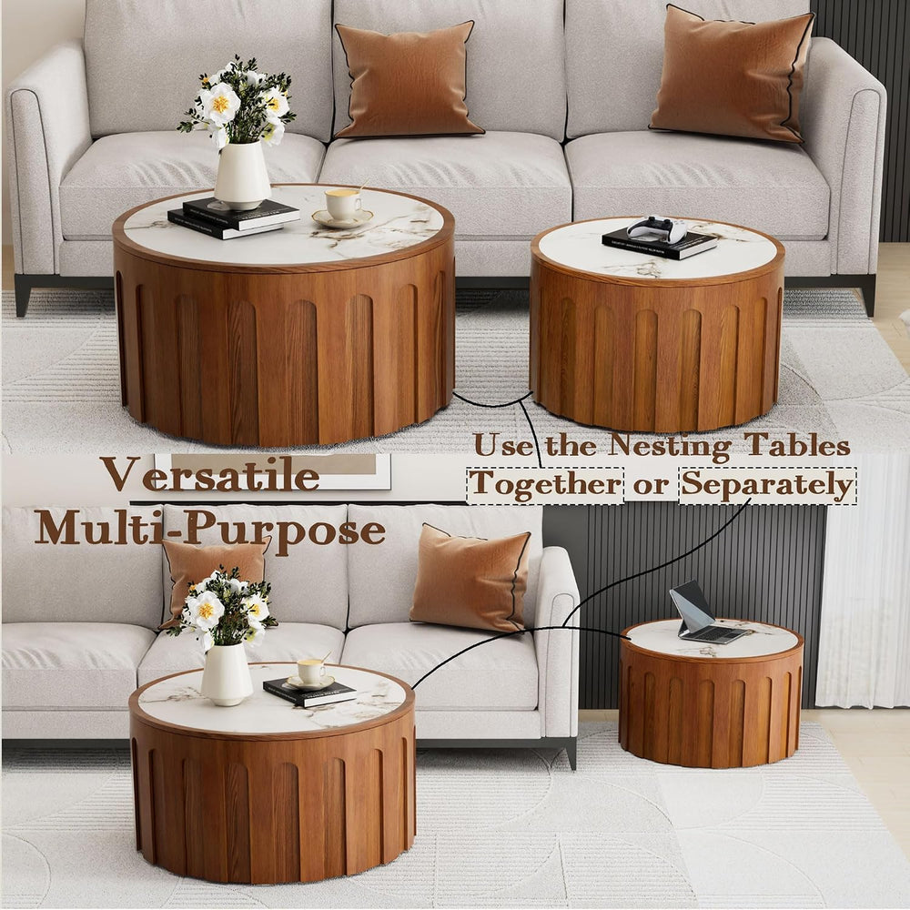 26.4" Round Nesting Coffee Table Set of 2, White | Fluted Wood Accent Ba...