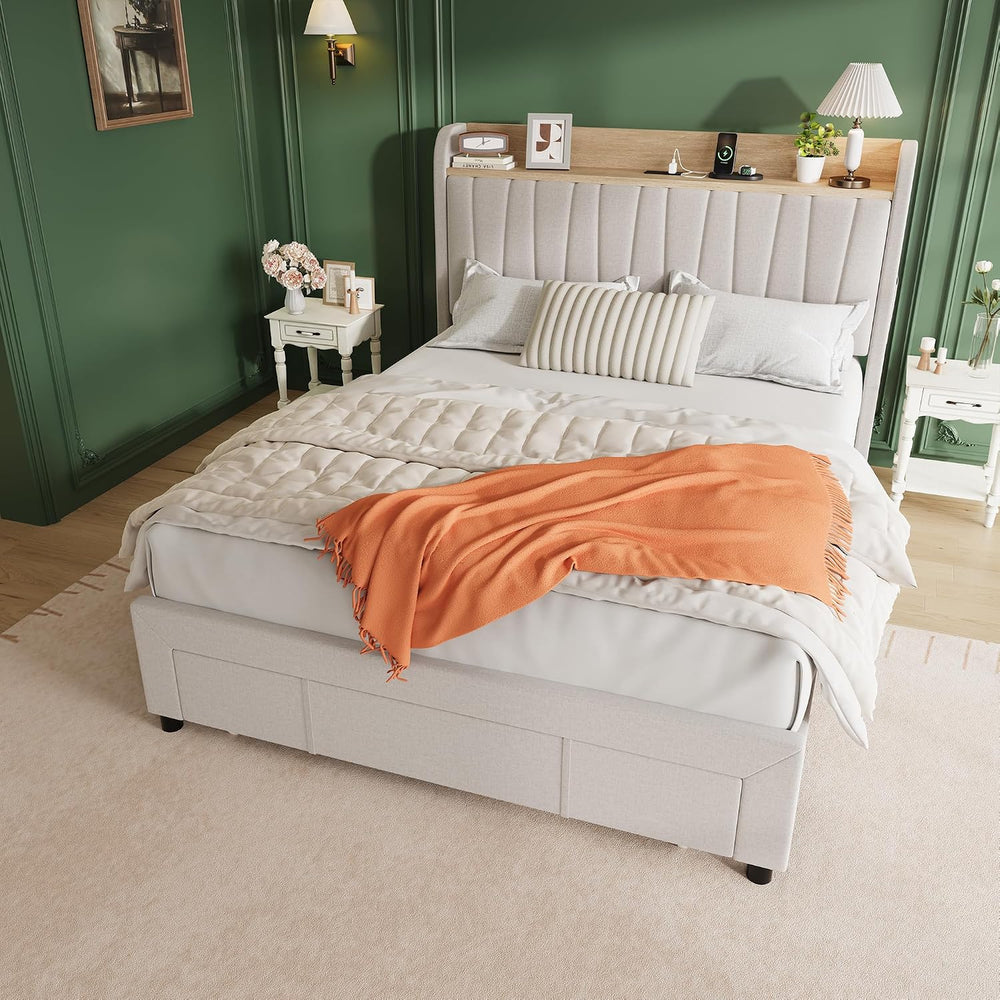 Garvee Platform Bed Frame Queen, Storage Headboard, Charging Station, Beige