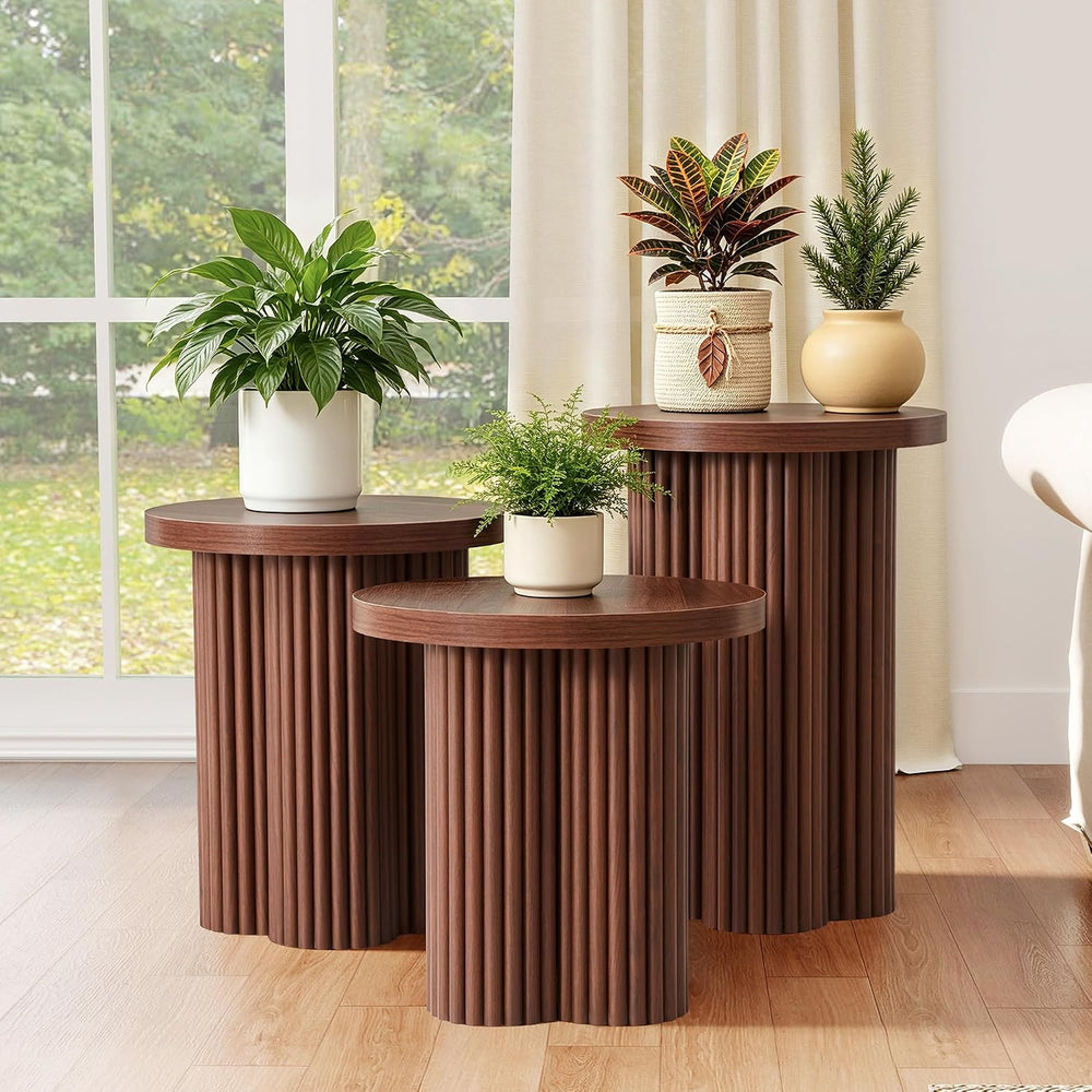 Nesting Coffee Table Set of 3, Fluted Round Nesting Tables Mid Century Modern...
