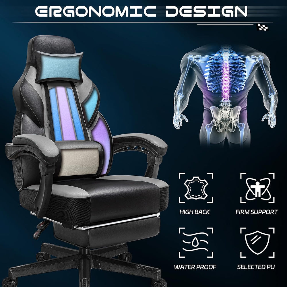 Gaming Chair for Adults, Grey Video Game Chair with Footrest, Big and Tall Ga...