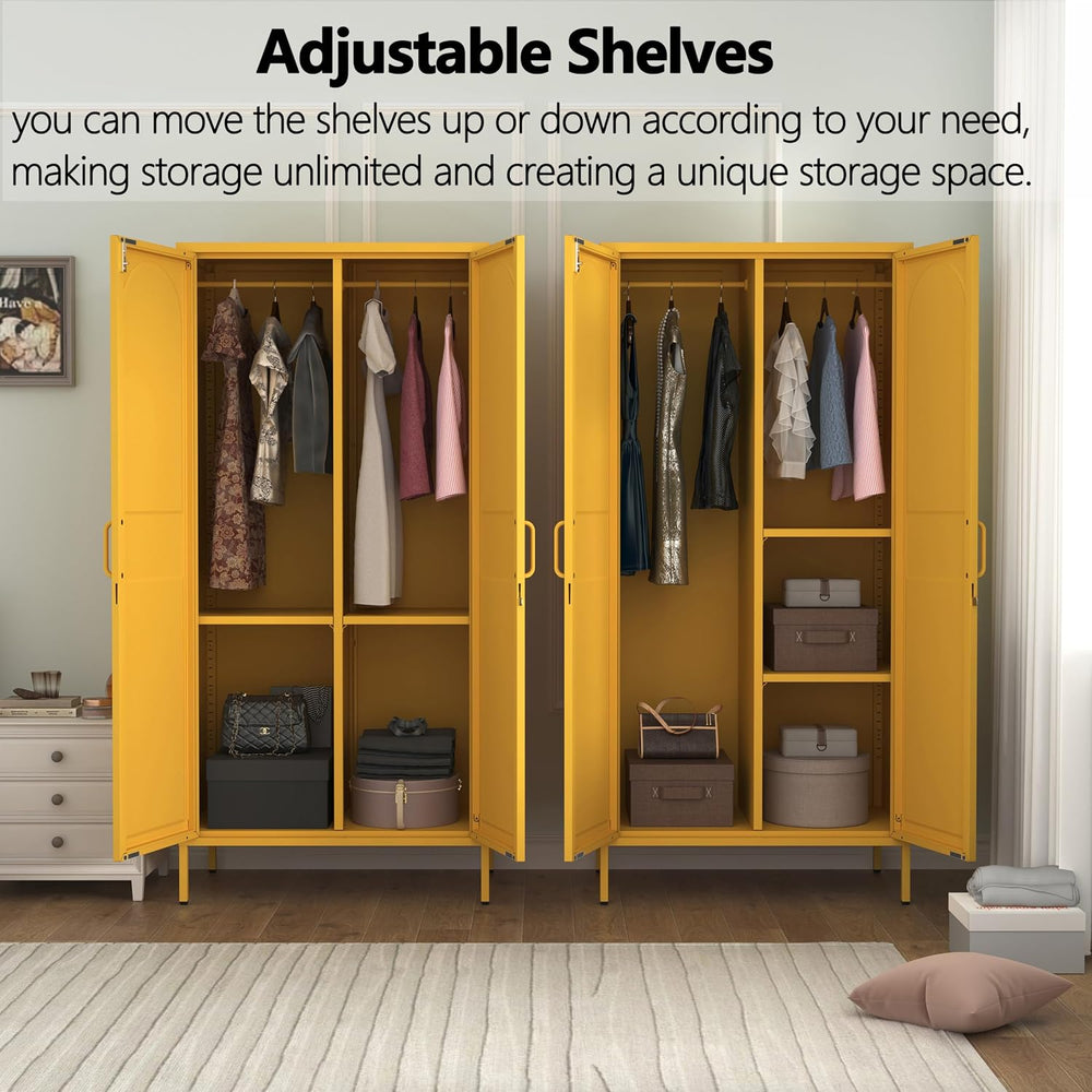 67 Inch Lockable Yellow Steel Wardrobe Storage Cabinet, Freestanding Metal Ar...