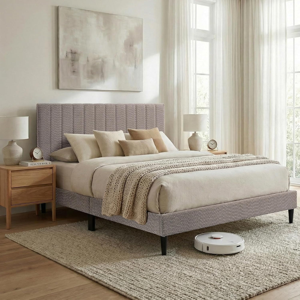 Queen Upholstered Platform Bed Frame, Tufted Channel Headboard, Soft Boucle F...