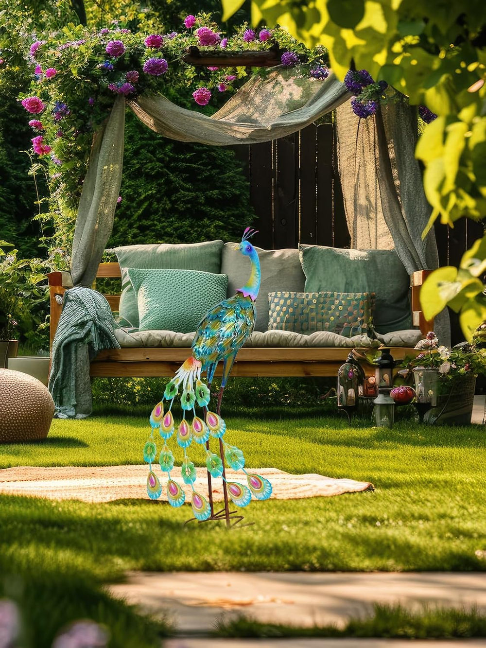 YEAHOME Garden Decor Outdoor Statues, 34" Large Metal Peacock Standing Y...