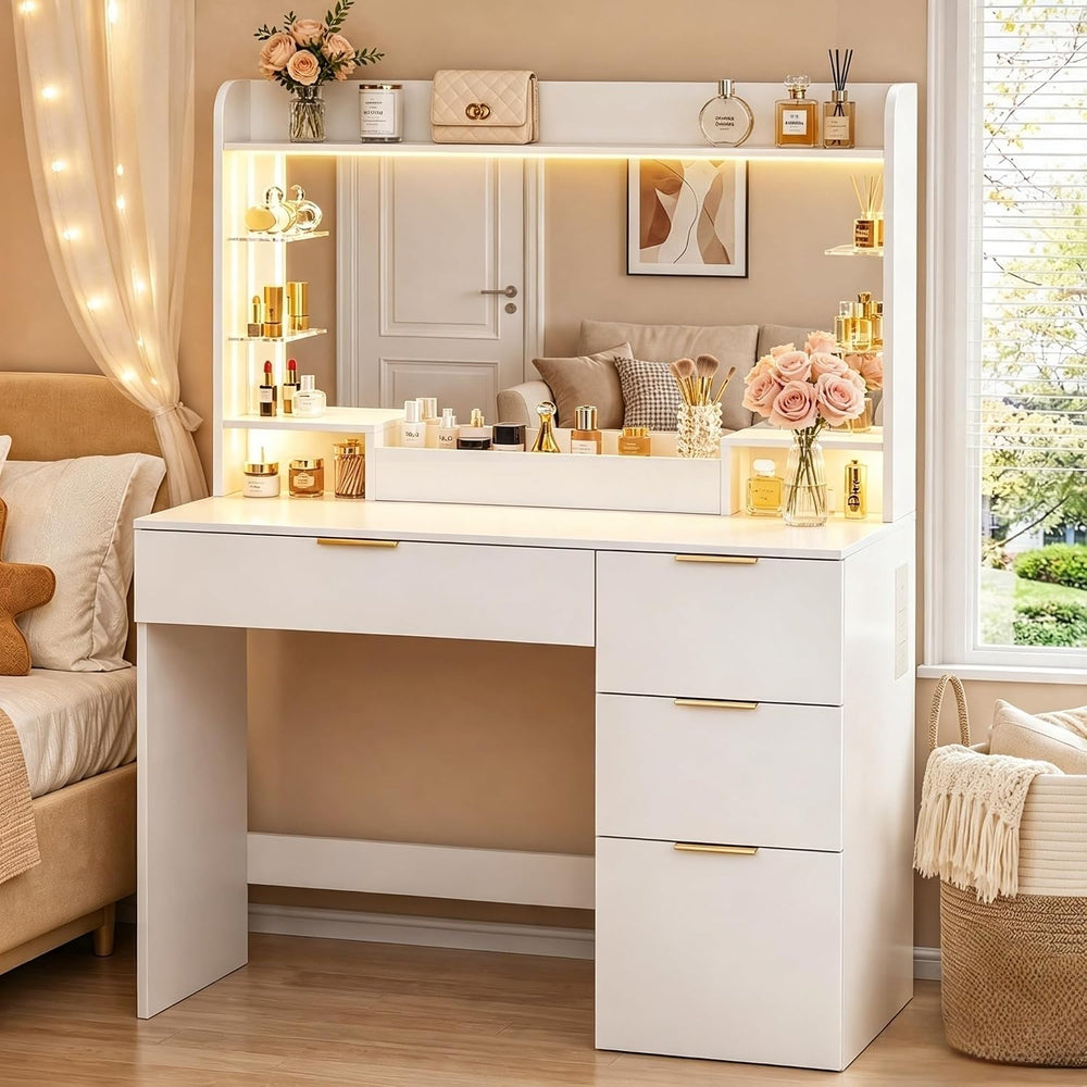 HUAHUU Vanity Desk with Large Mirror, 35.4" Makeup Vanity with LED Light...