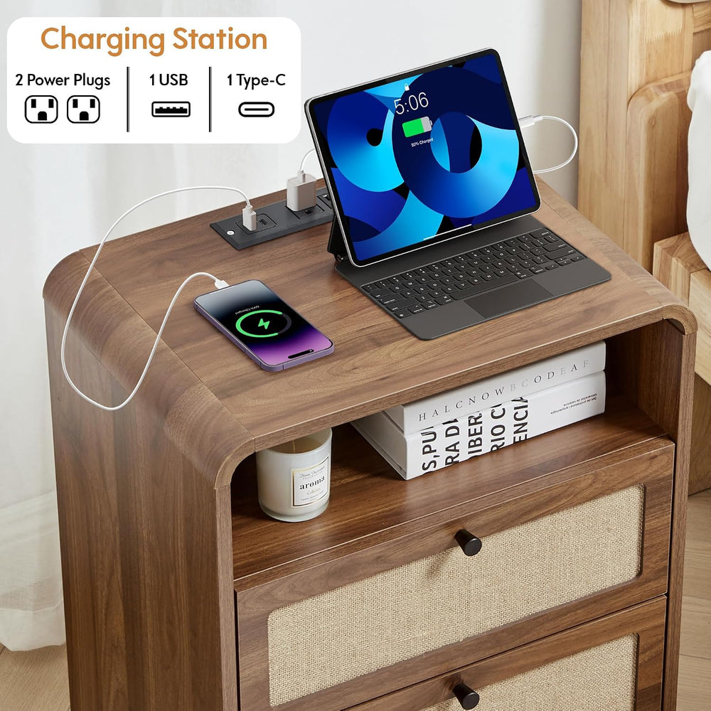 Farmhouse Nightstand with Charging Station, Night Stand with 2 Drawers, Mid-C...
