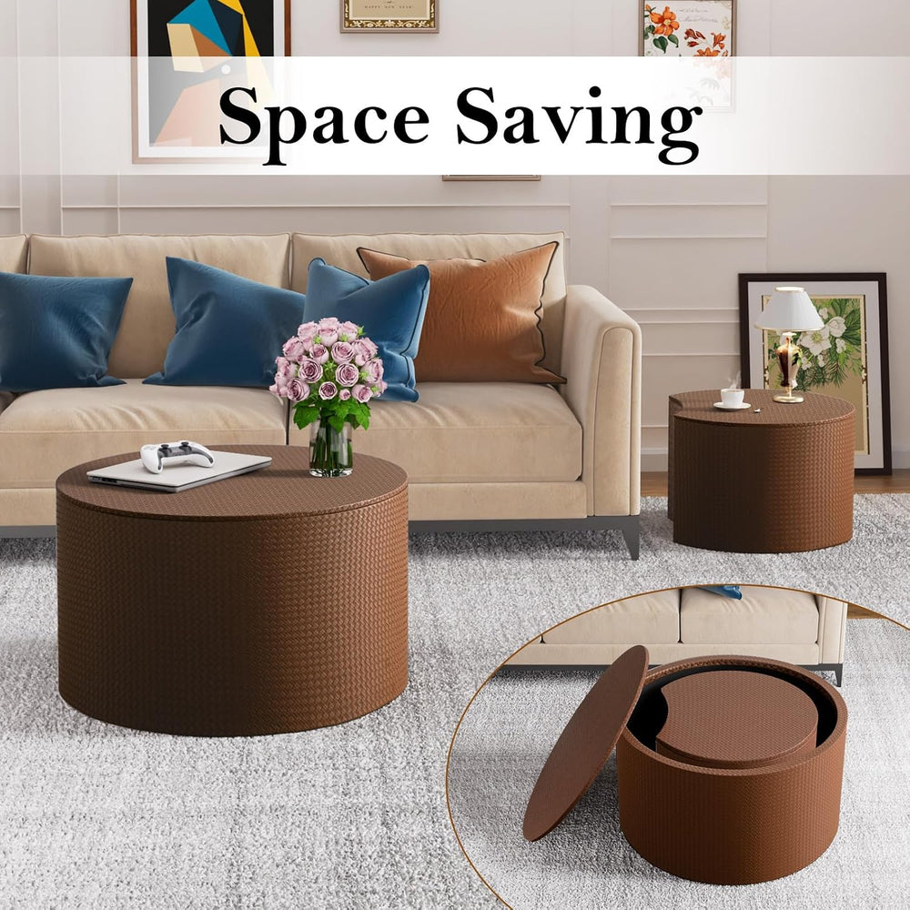 Round Nesting Coffee Table with Storage (C Brown 26.8+18.3in) | Modern Chic C...