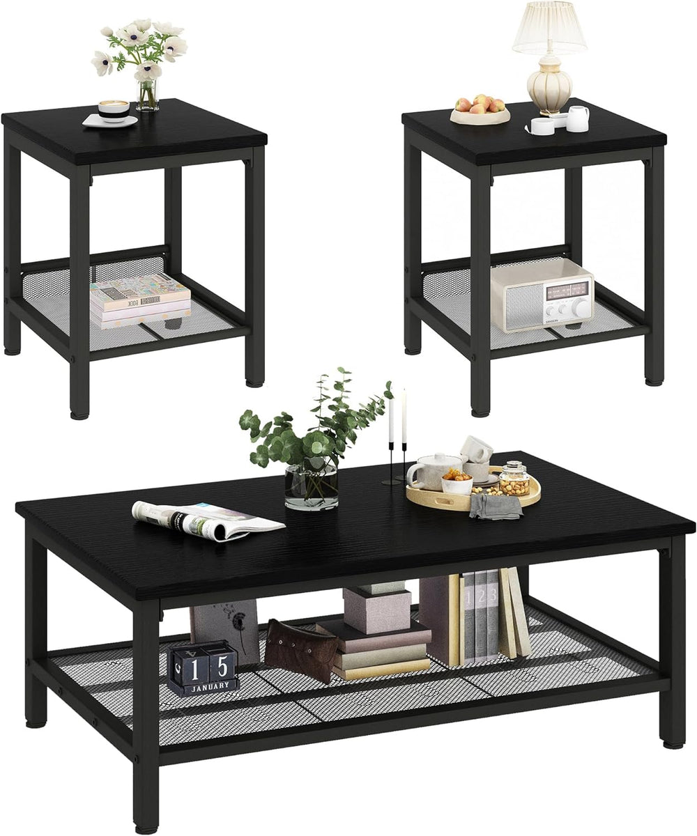AWQM Coffee Table Set of 3, Industrial Coffee Table with 2 Square End Side Ta...