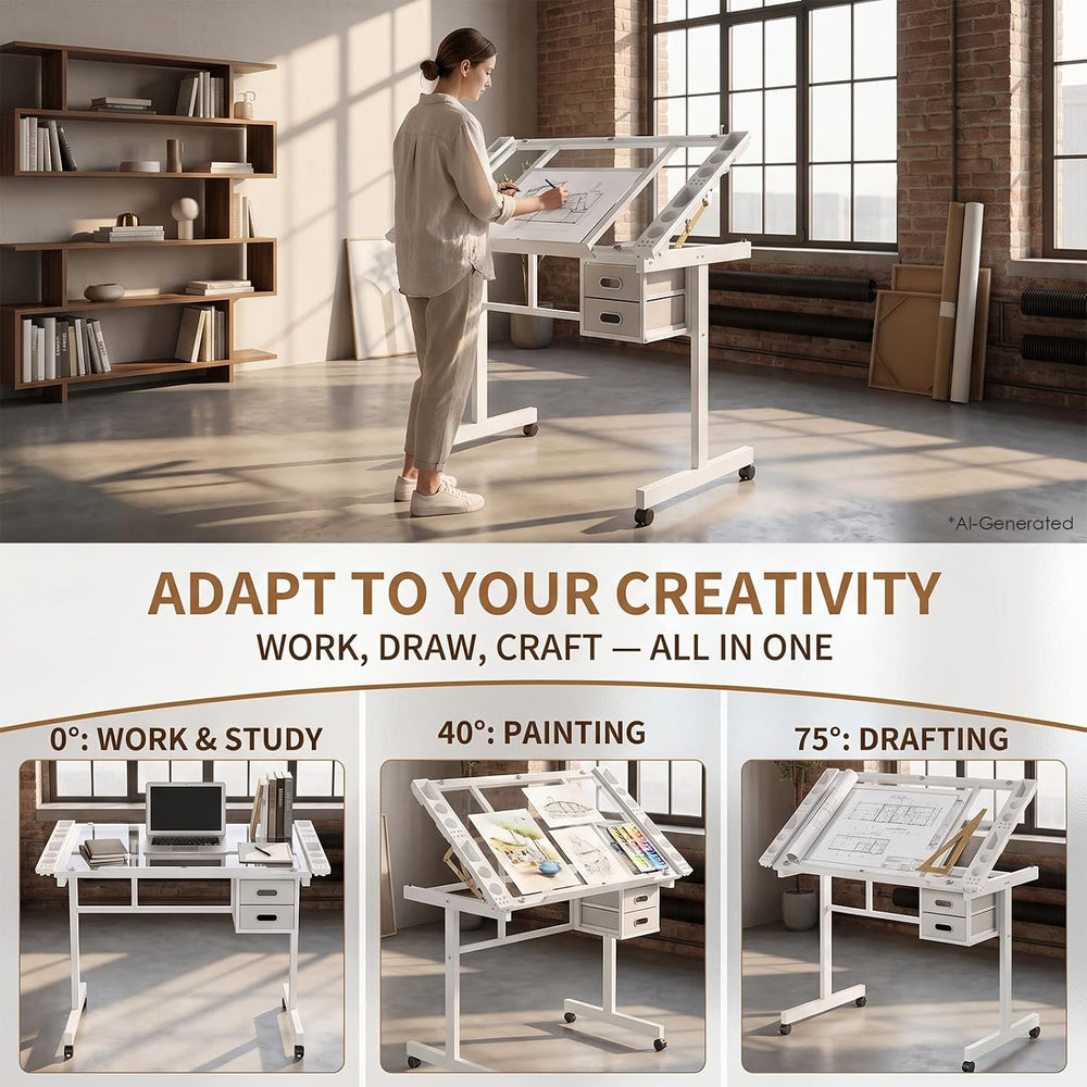 Rolling Drafting Table Desk, Painting Table Art Craft Desk Crafting Table wit...