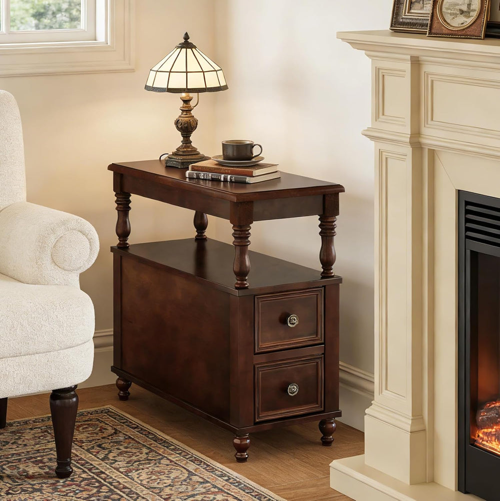 Tribesigns Solid Wood End Table, Vintage Side Table with 2 Drawers & 2-Ti...