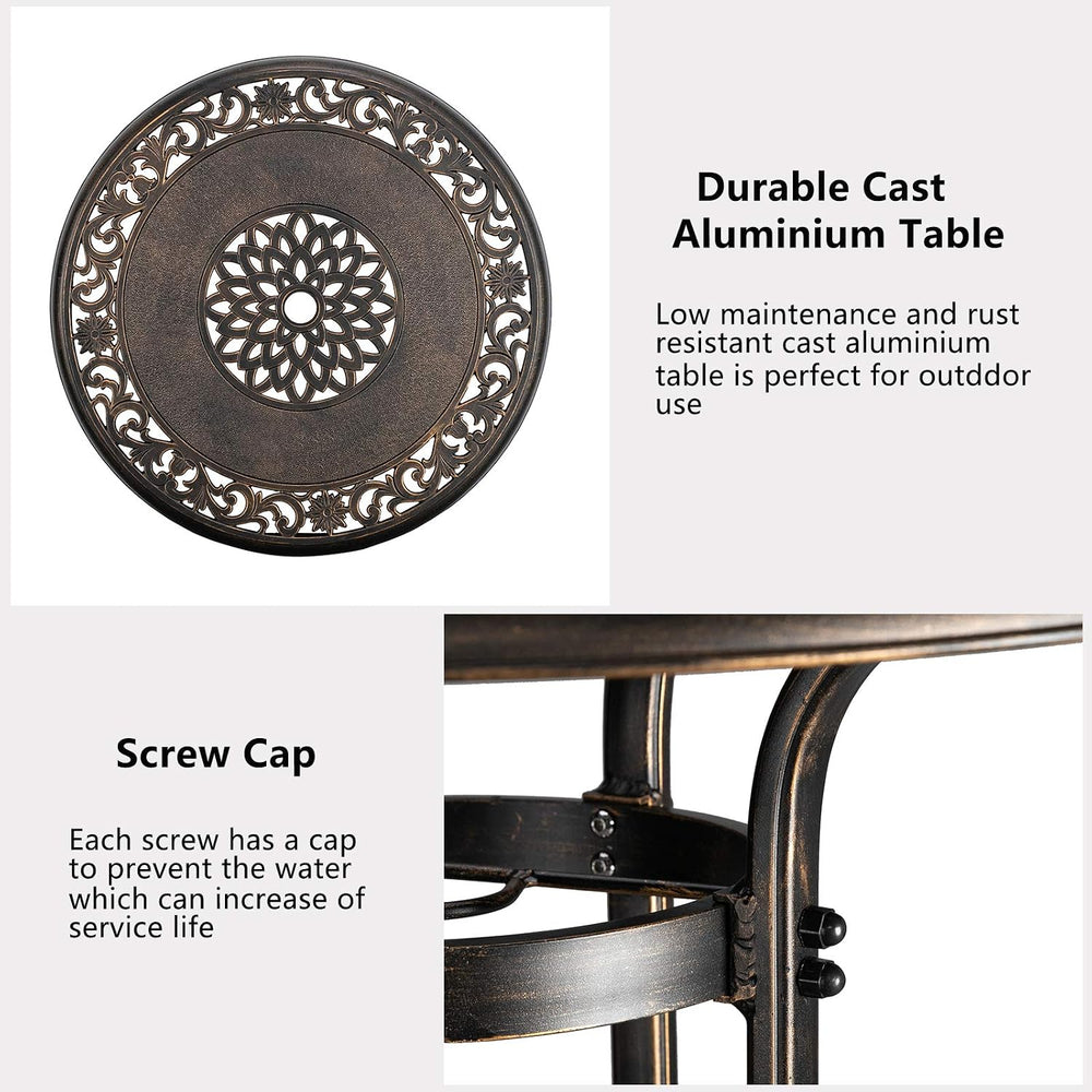VINGLI 3 Piece Outdoor Bar Set, Cast Aluminum Outdoor Swivel Bar Stools and T...