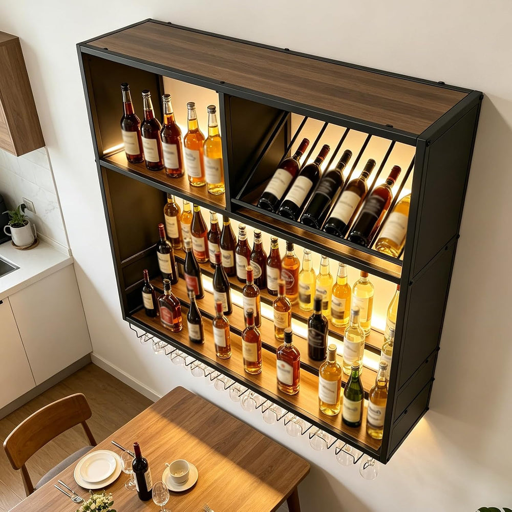 63in Large Wall Mounted Wine Rack with LED Lights, Metal & Wood Floating ...