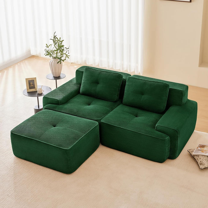 80" Modern Love Seat Boneless Couches for Living Room, Corduroy Modular Sectional Sofa with Deep Seat, Green Loveseat Couch with 1 Ottoman, Sofas para Sala, L Shape Sofas & Couches (Green, 2+1 Set)