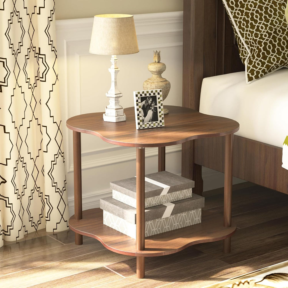 Wood End Side Table with Storage Shelf, 2-Tier Flower Shaped Coffee Table for...