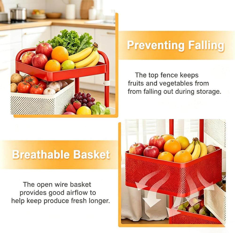 No Assembly Kitchen Storage cart with Wheels, Rotary Fruit and Vegetable Stor...