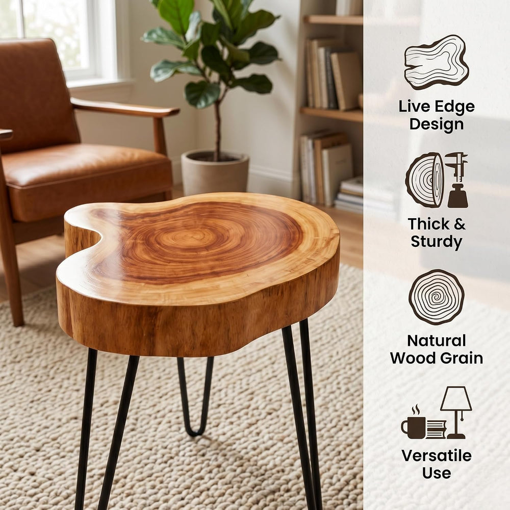 Live Edge Round Wood End Table – Solid Wood Side Table with Mid-Century Hairp...