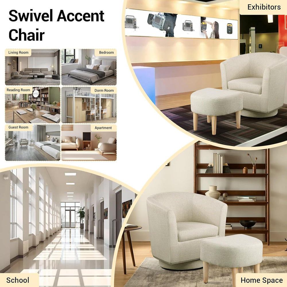 DAZONE Beige Swivel Accent Chair with Ottoman, Comfy Barrel Armchair for Smal...