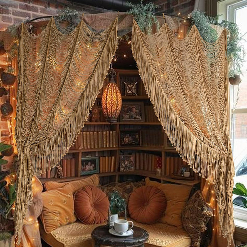 2 Panels Macrame Curtains 59" W x 75" H Handwoven Brown Room Divide...