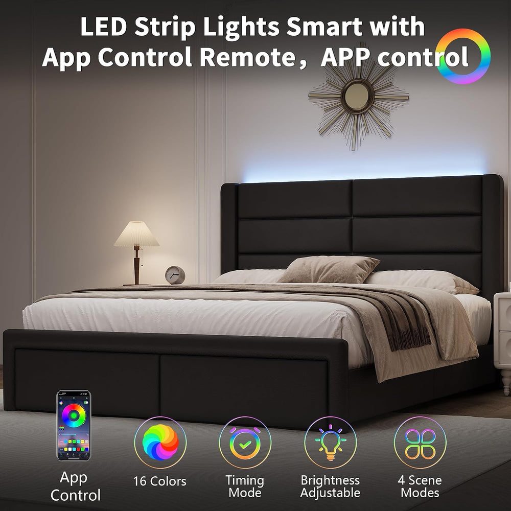Full Size Upholstered Bed Frame with LED Lights Headboard, Modern Faux Leathe...