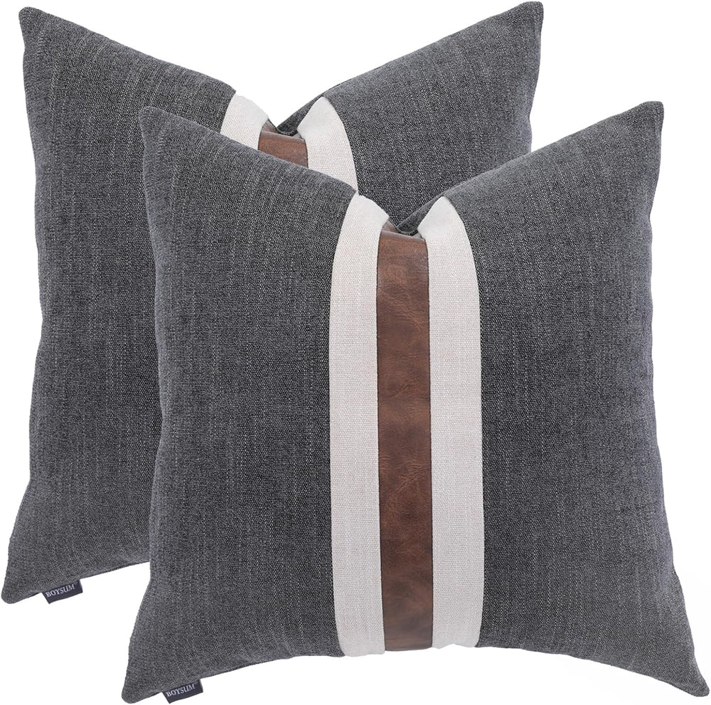 Set of 2 Leather Throw Pillow Covers Cotton Linen Decor Patchwork Pillow Cove...