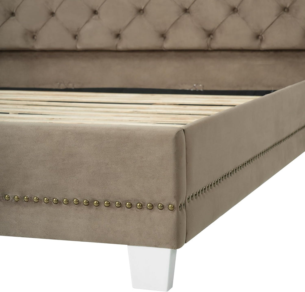 Merax Brown King Size Velvet Upholstered Bed Frame with Thick Tufted Wingback...
