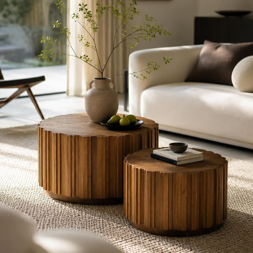 Nesting Coffee Table Set of 2, Round Fluted Drum Accent Tables, Solid Wood Sl...