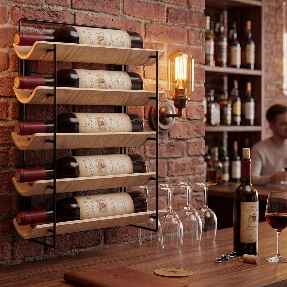 5-Tier Wood and Metal Wine Rack, Countertop & Wall Mounted Wine Holder wi...