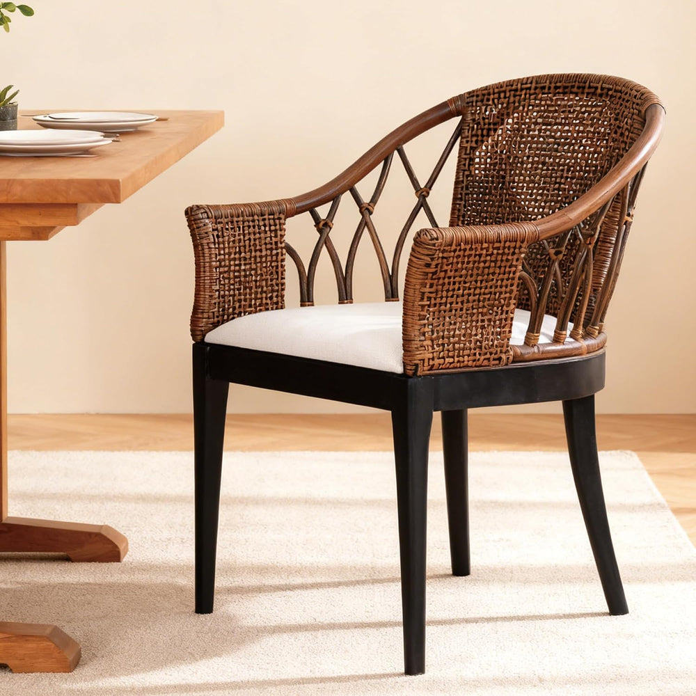 DUHOME Wood Rattan Arm Accent Chair Natural Wash/White Cushion Side Armchair ...