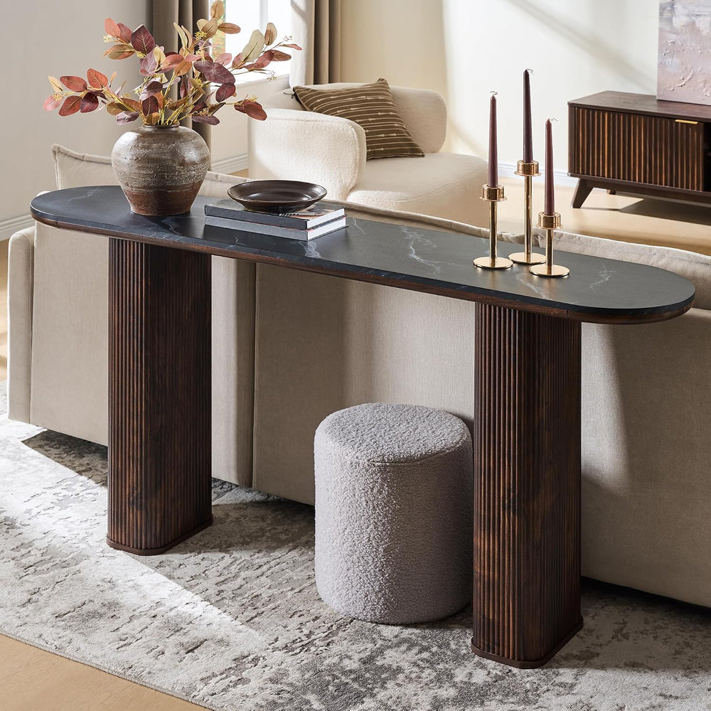 OKD 63 Inch Modern Console Table with Arc Faux Marble Texture Top, Fluted Woo...
