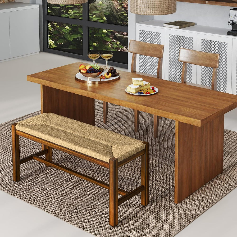 GOFLAME 40” Dining Bench, Farmhouse Boho Entryway Bench with Woven Seagrass S...