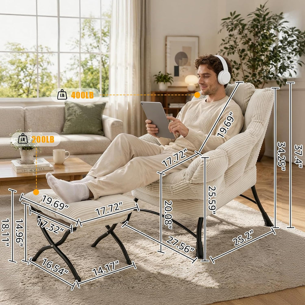 Lazy Chair with Ottoman, Modern Skinny Lounge Chair with Footrest