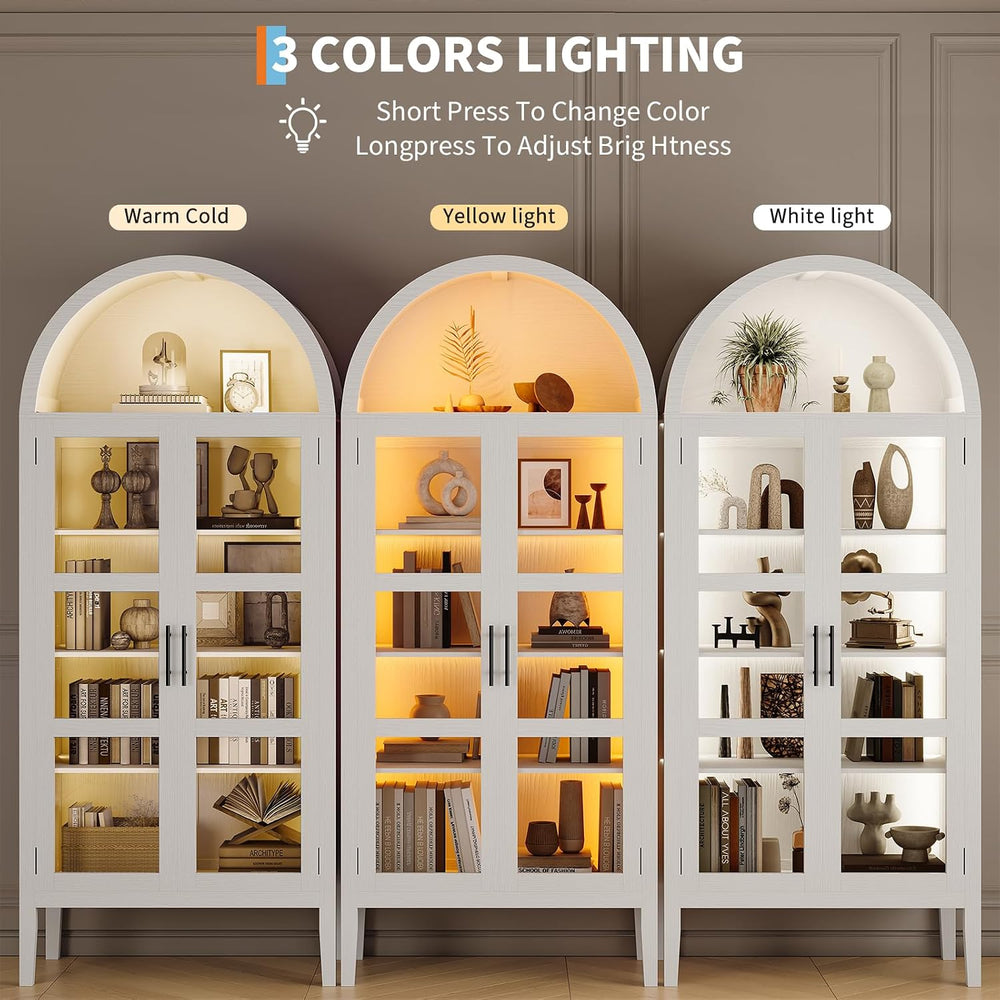 GarveeHome 70 in Tall Arched Kitchen Pantry Cabinet with LED Lights, Modern W...