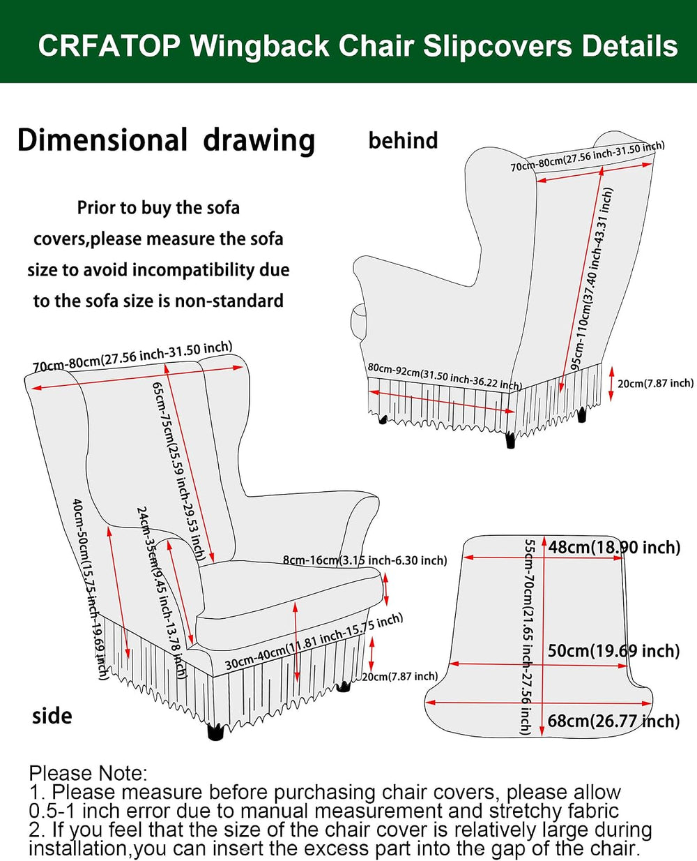 CRFATOP 2 Piece Stretch Wingback Chair Cover with Skirt for Living Room,06