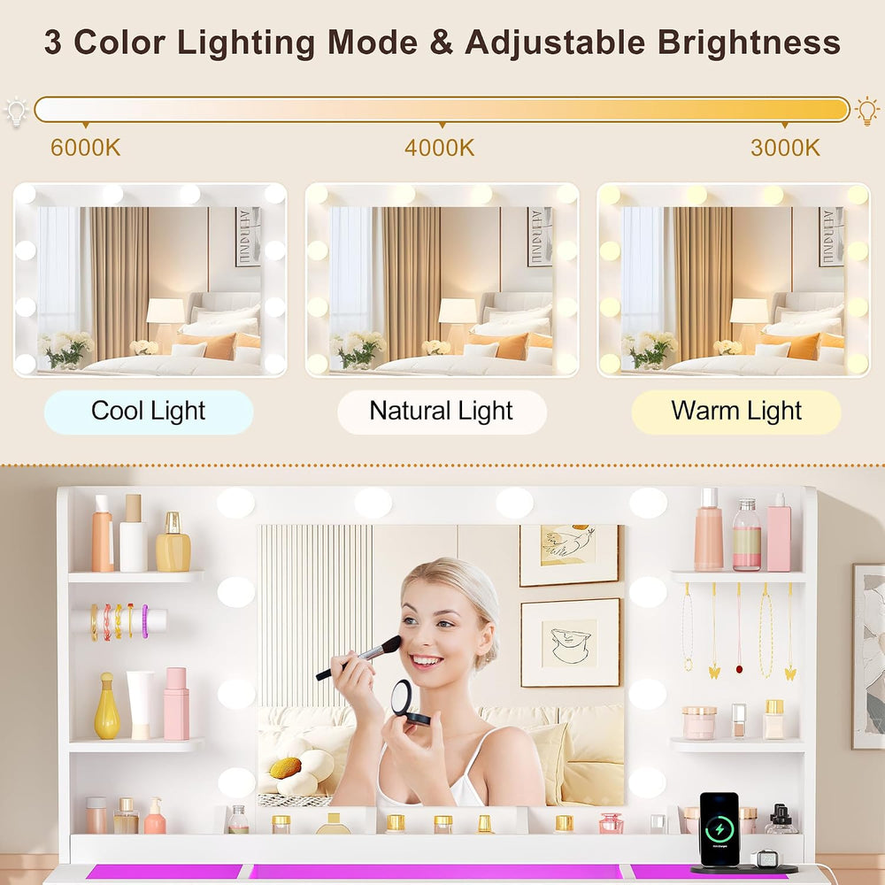 Large Makeup Vanity with Mirror and Lights, 11-Drawer RGB Vanity