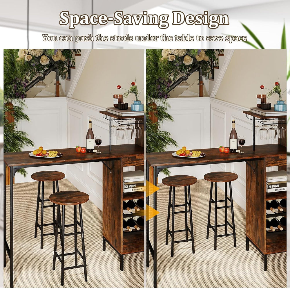 GOFLAME Bar Table Set for 2, Counter Height Dining Table Set with Shelves, Cu...