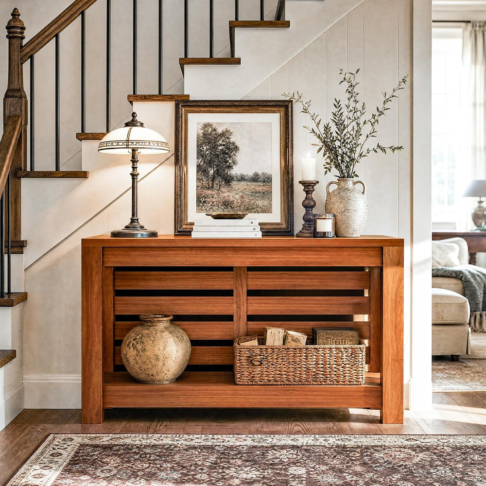 Bigbiglife 63 Inch Grille Console Table, Rustic Farmhouse Wood Sofa Table wit...