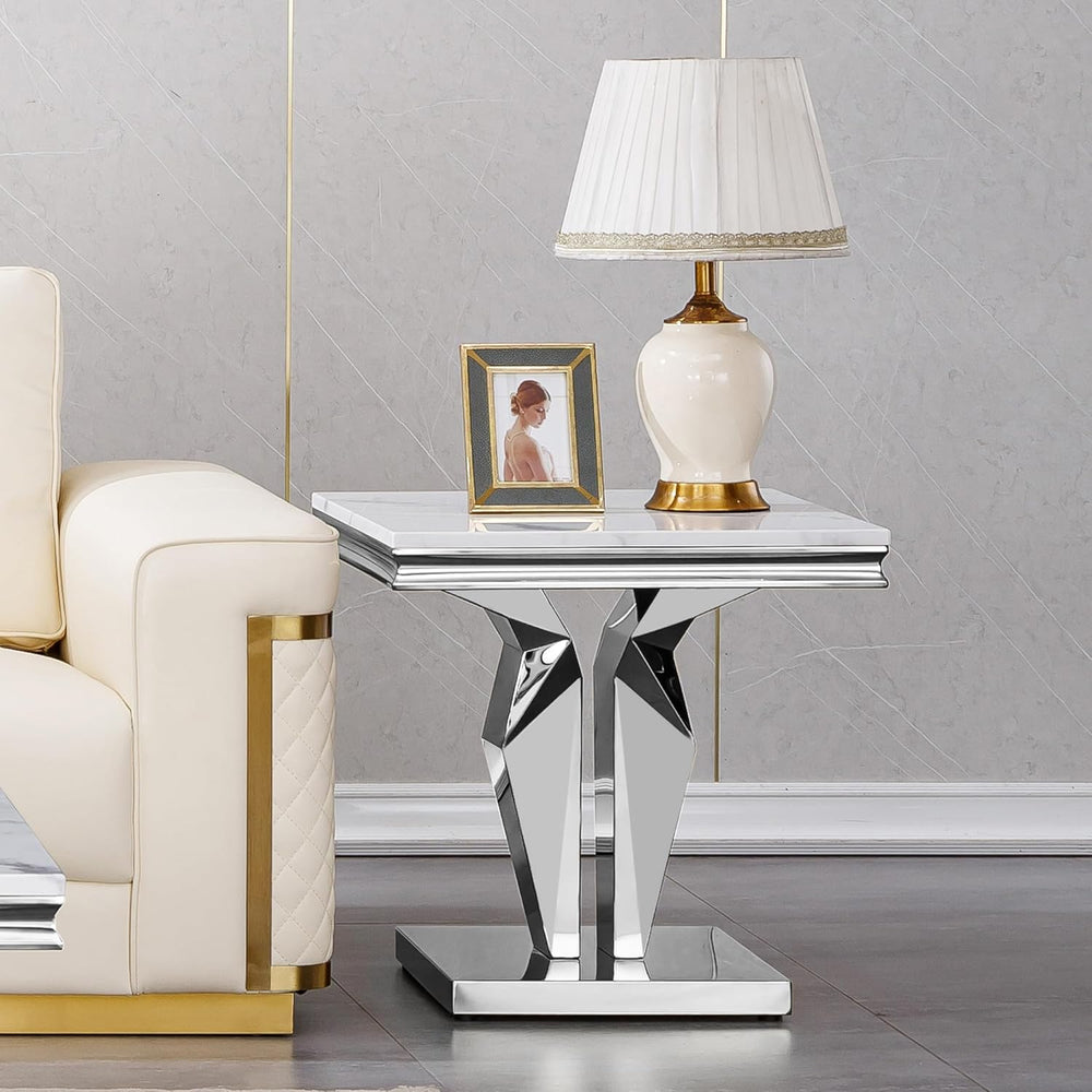 23in Faux Marble End Table w/Y Stainless Steel Base, Night Stand Square End T...