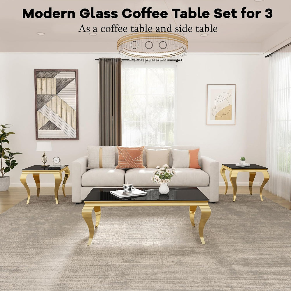 Glass Coffee Table Set of 3, Modern 3 Piece Living Room Set Include 1 Coffee ...