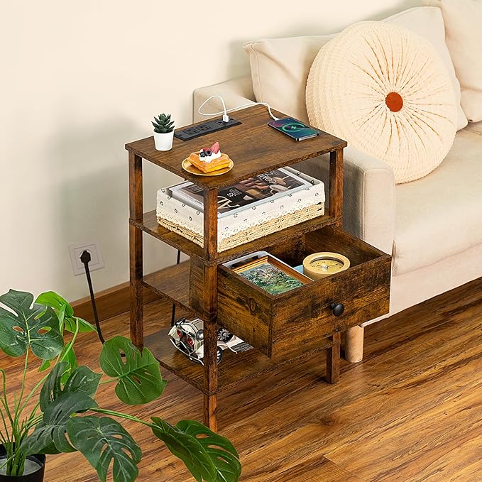 Lerliuo Nightstand with Charging Station and USB Ports, 3-Tier Storage End Ta...