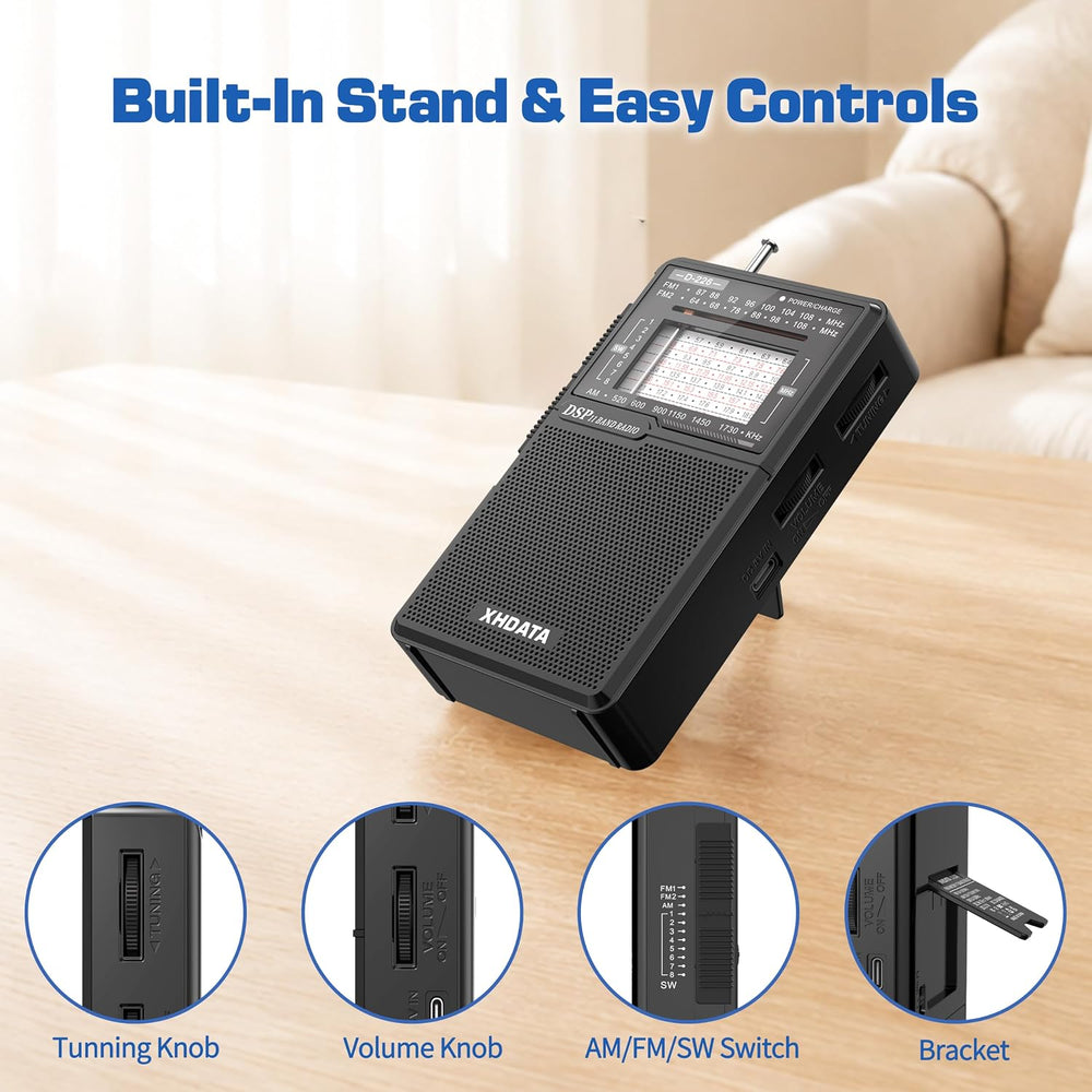 XHDATA D226 Radios Portable AM FM Shortwave, USB C & Battery Powered, Black