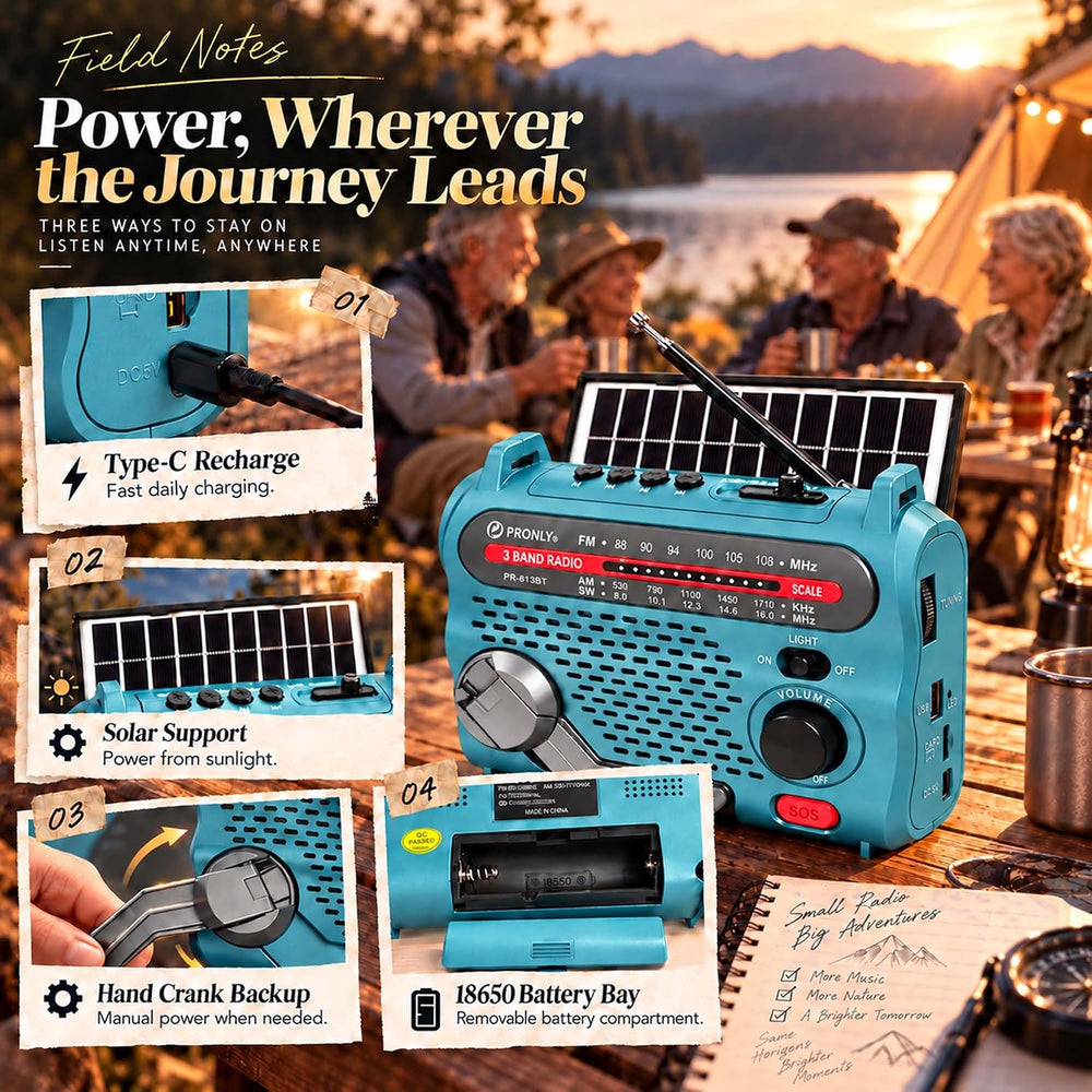 PR-813BT Portable AM FM SW Radio with Bluetooth, Solar Charging
