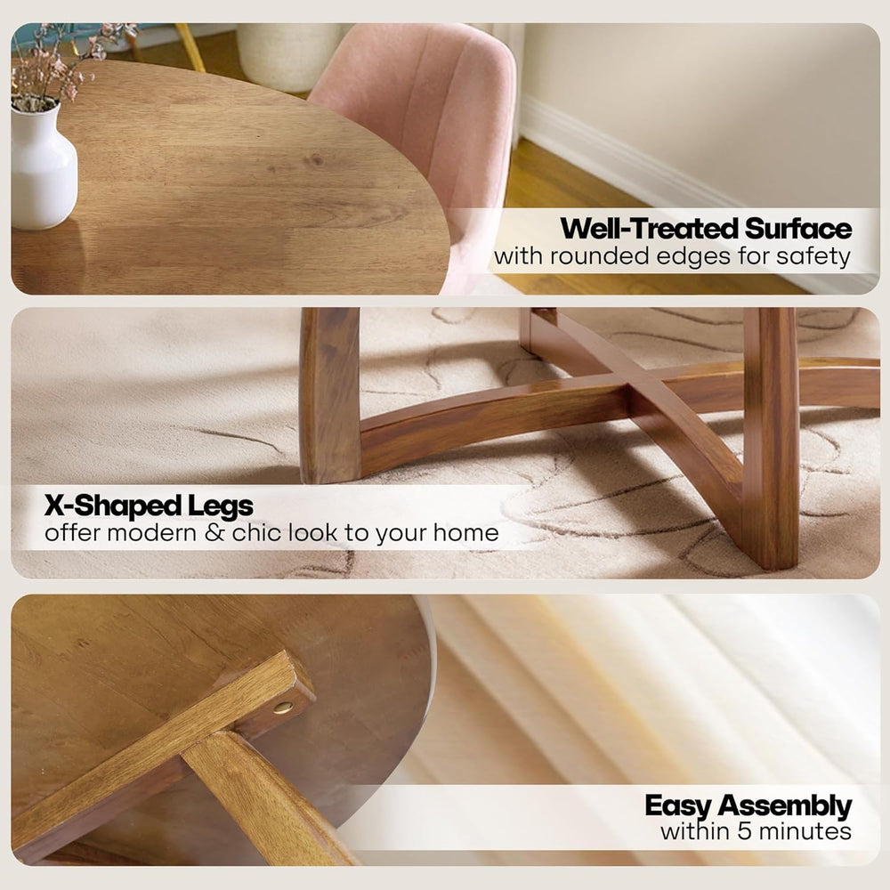 Acacia Alma 36 Inches Round Dining Table for 4, Solid Rubber Wood, Mid-Centur...