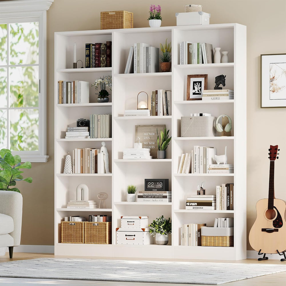 ELYKEN Triple Wide Bookshelf, Large 6 Tier Bookcase with 17 Shelves, White