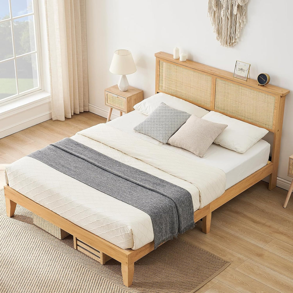 IDEALHOUSE Queen Size Rattan LED Platform Bed, Natural