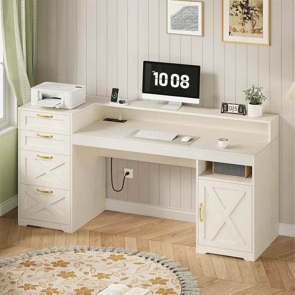 63" Farmhouse Computer Desk with 4 Drawers for Home Office, Bedroom