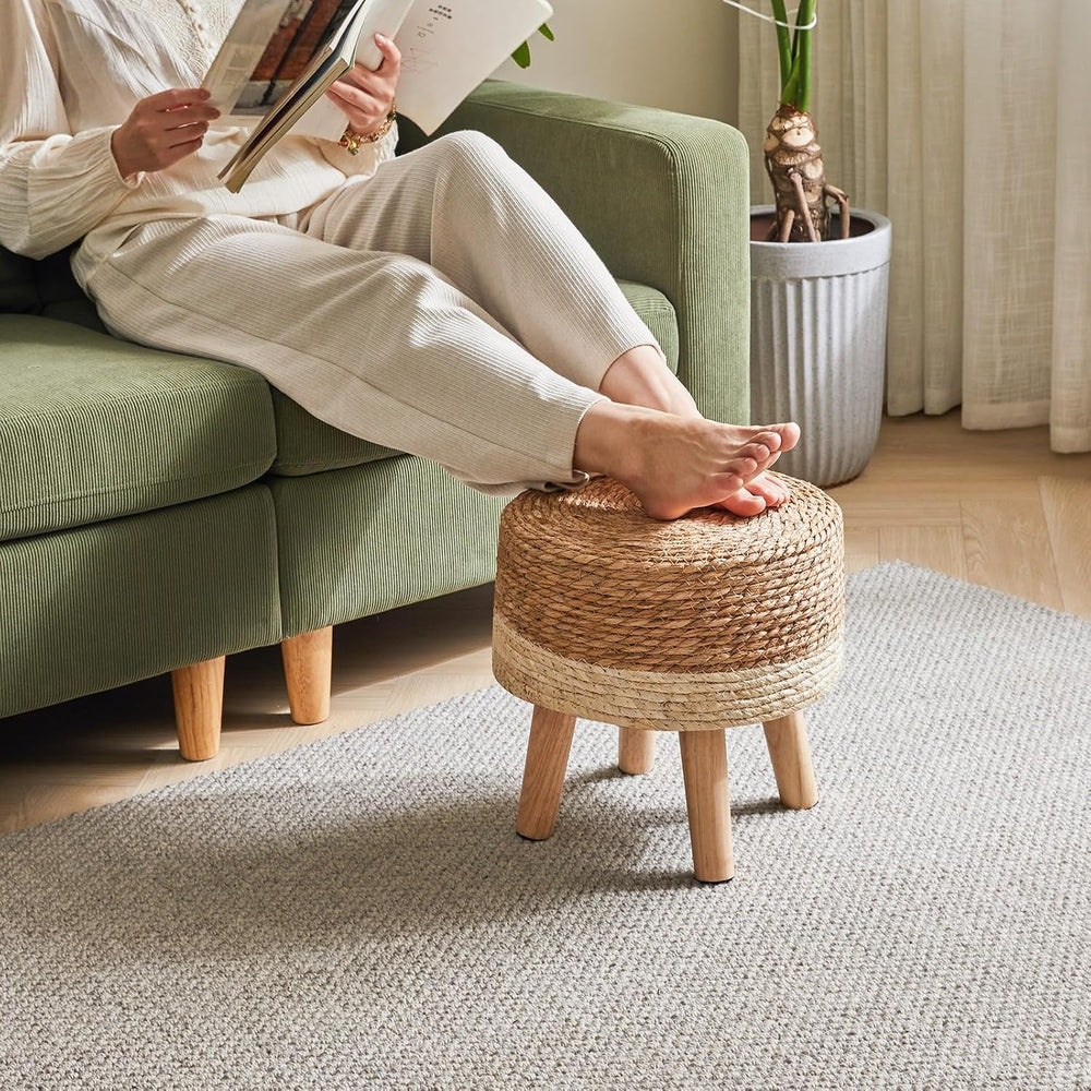 YMYNY Foot Stool,12.6"Round Small Ottoman, Natural Seagrass Hand Weave
