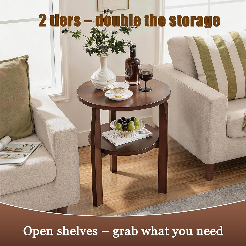 Round End Table, Solid Rubberwood 2-Tier Side Table with Open Storage Shelf, ...