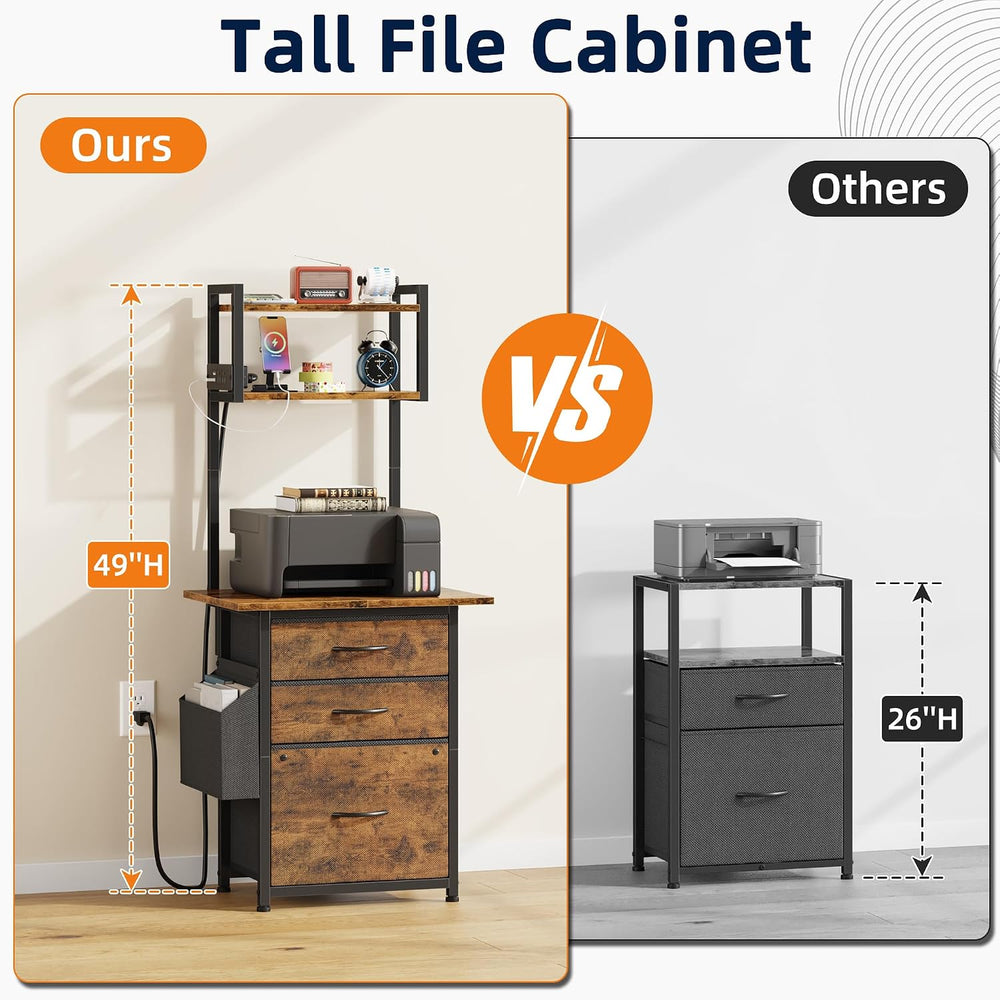 HIGDBFE 3 Drawer File Cabinet with Charging Station, 49''H Tall, 3-Ti...