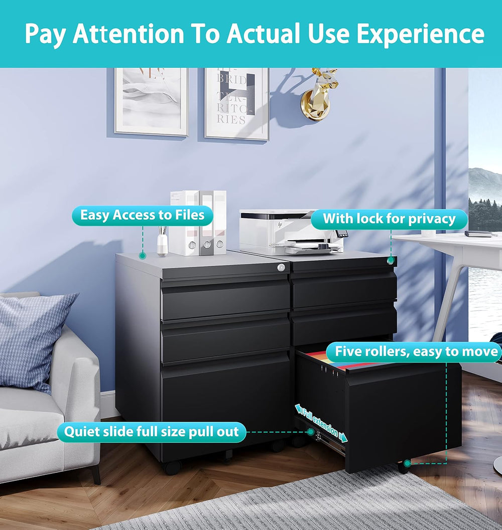 SISESOL 3 Drawer Mobile File Cabinet with Lock,Black Under Desk File Cabinets...