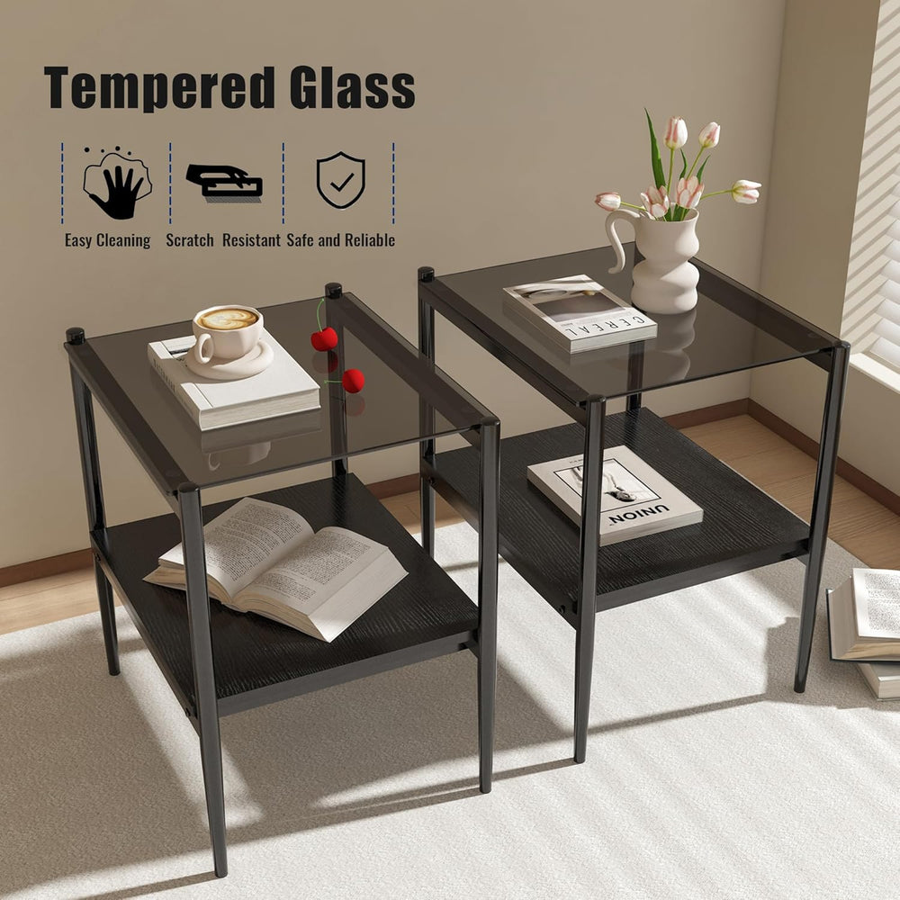 Glass end Table Set of 2,Living Room Glass Side Table,Glass Bedside Table,Sui...