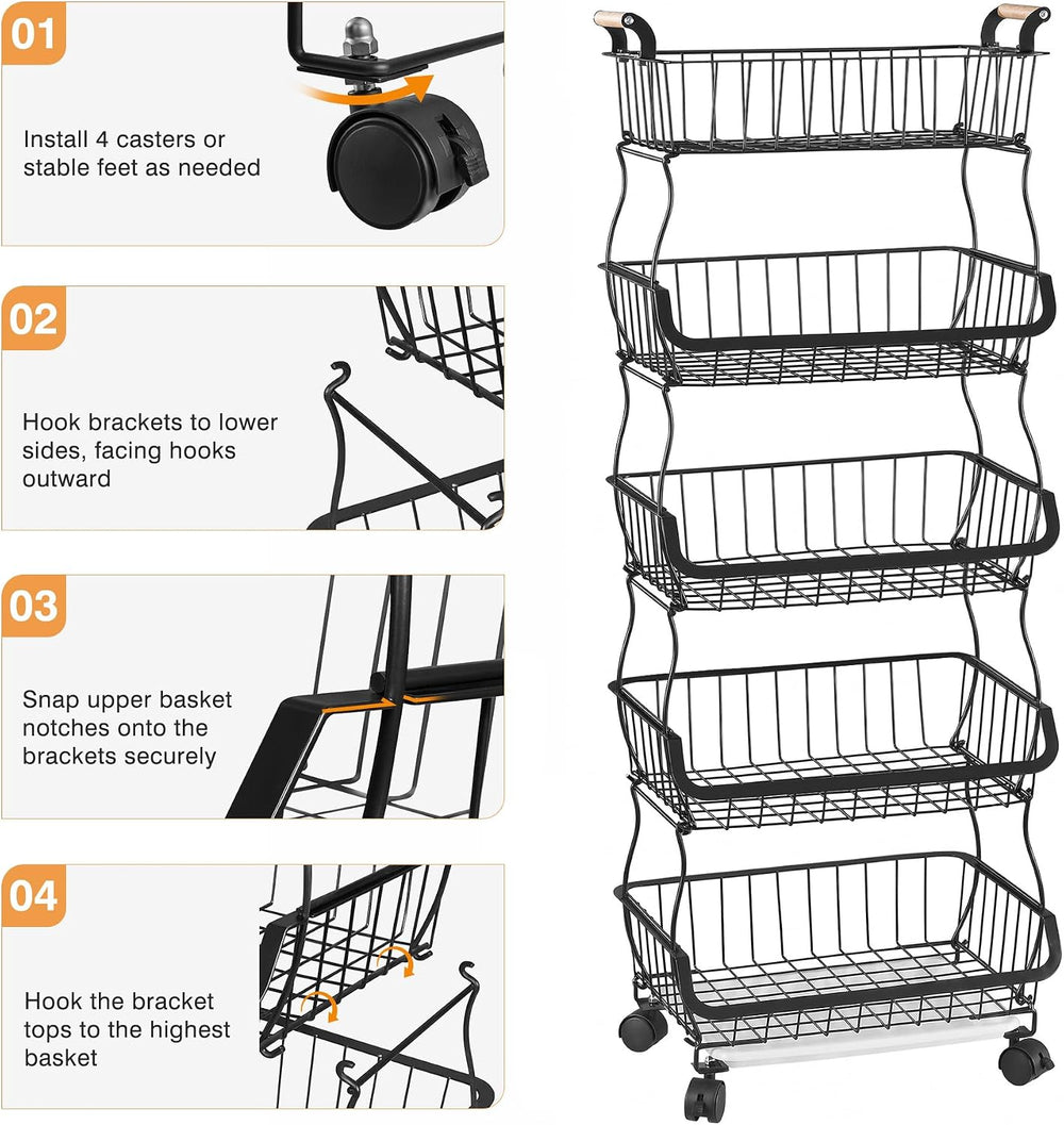 VECELO 5-Tier Fruit Basket with Wheels, Fruit and Vegetable Storage Cart for ...